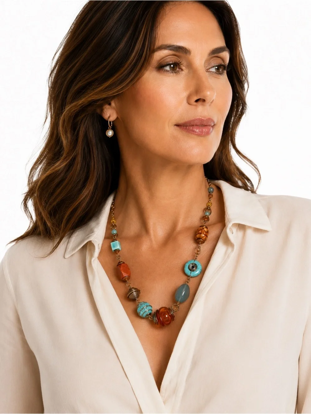 Chico’s Bohemian Mixed Media Beaded Statement Necklace NWT Faux Turquoise Amber